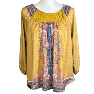 World Unity Blouse Size Small Yellow Pink Blue Peasant Floral Laced Bohemian Top